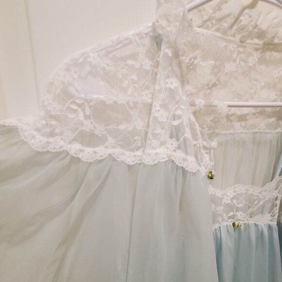 NWOT Vtg Val Mode 2 Pc Peignoir Set Sz XS Blue White Lace Trim 60’s Sheer Robe - Picture 5 of 13